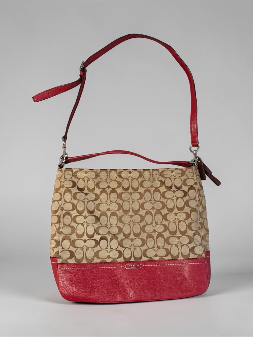 Coach Beige Signature Canvas Shoulder Bag with Red Trim